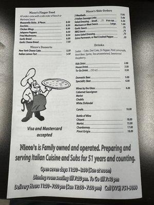 Nicco's Menu as of 10/10/2022