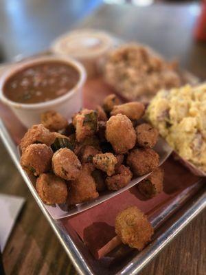 Fried okra, beans, potato salad, peach cobbler & nana puddin