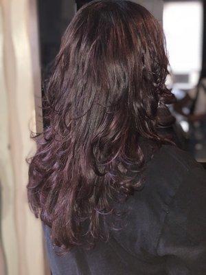 Burgundy hair color and blow out and layer haircut