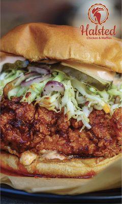 Halsted's famous chicken sandwich made with house made farm slaw, spicy chipotle aioli topped with fresh thick cut pickles