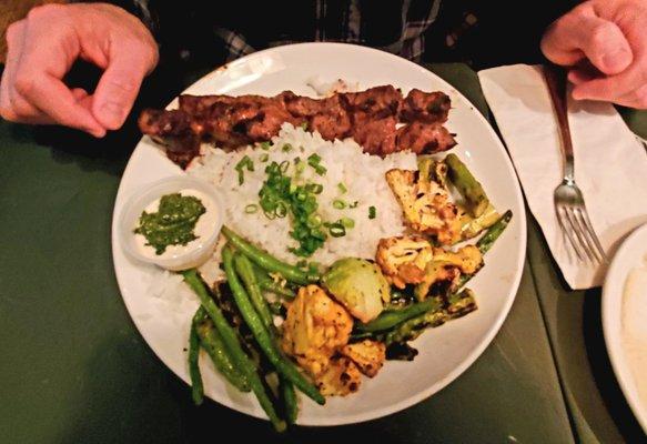 Grilled Kabob Platter w/ Lamb, Rice, Asparagus, Cauliflower, and Brussels Sprouts