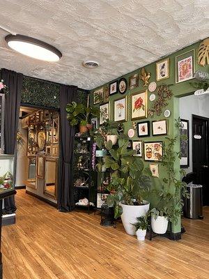 Waiting room view of plants and framed wall decorations