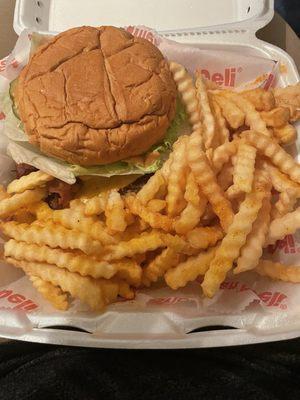 Bacon Cheese Burger And Fries. Extra Pickles.