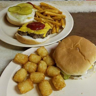 Cheeseburgers, spicy fries, tots.