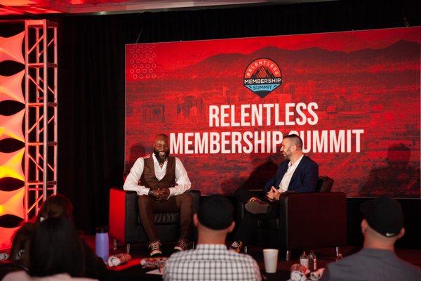 Jadi Tention sharing some insights with Adam Kifer onstage during the Relentless Membership Summit 2021.