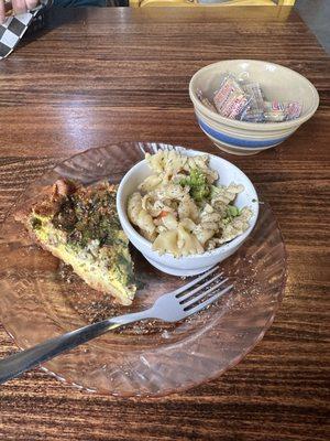 Spinach and sausage quiche with pasta salad!