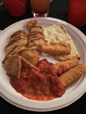 Mozzarella sticks,toasted ravioli, chicken strips and flatbread cheese bread