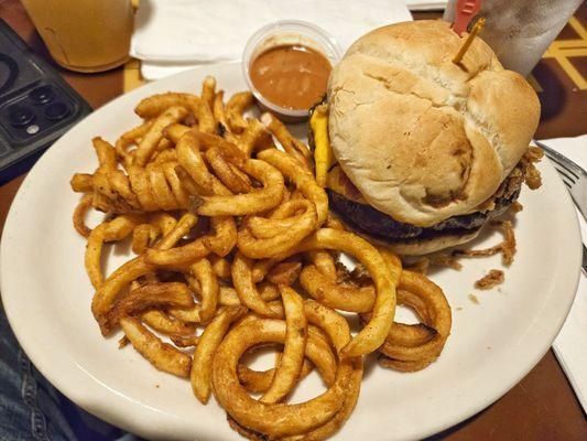 Sportsman's Burger with curly fries