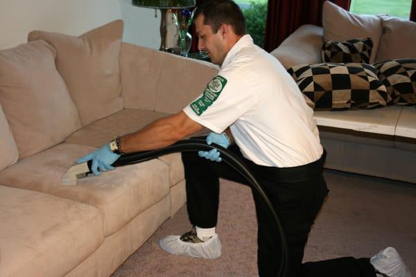 Wet Cleaning of Upholstery in a clients home who was so happy - he demanded we return for more services!