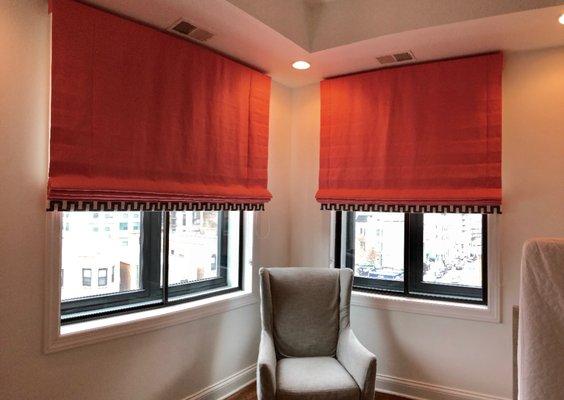 Salmon Flat Roman Shades Embellished with Matrix Trim by M+M Interior Design & Curtain Couture