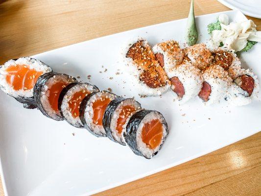 Lunch special. Spicy tuna roll and Salmon Roll without cream cheese