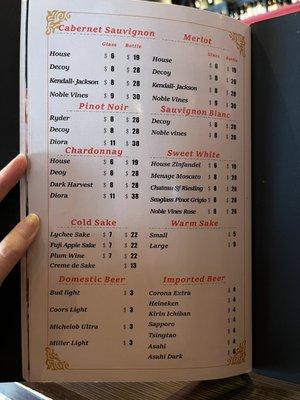 Alcohol menu