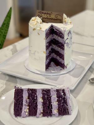 Four layers of Ube Sponge, Ube Buttecream, Coconut Buttercream and Caramel