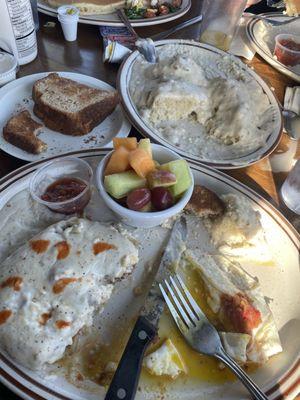 Chicken fried w/eggs & fruit biscuits and gravy