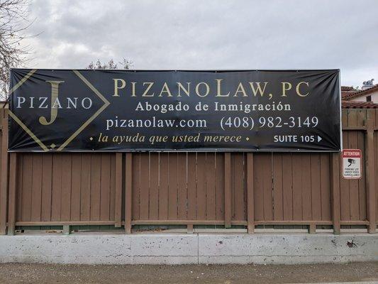 Pizano Law banner facing Santa Clara street.