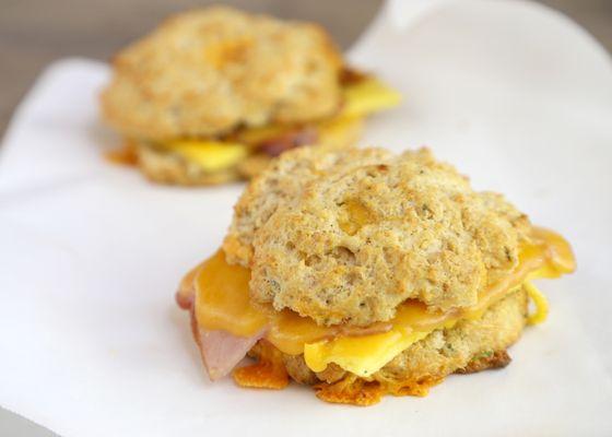 Turkey, egg, and cheese on a homemade cheddar biscuit.