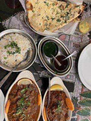 Garlic Naan, Lamb Rara Pepper Fry - Hot, and Chicken Pepper Fry - Extra Hot