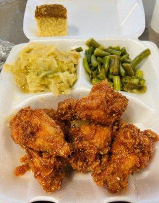 Hot Honey Wings, cabbage, green beans and cornbread.