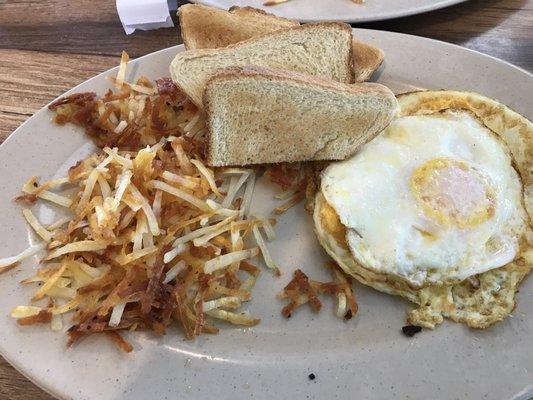 Eggs, Toast, Hash browns