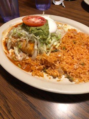 Chicken chimichanga with rice.