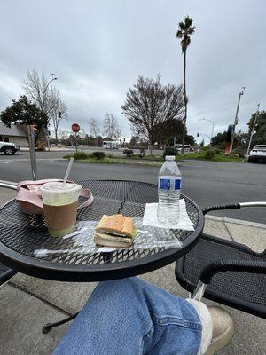 Veggie sandwich, Iced Matcha Latte outside