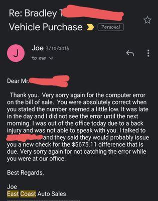 Email they sent before stealing my car.