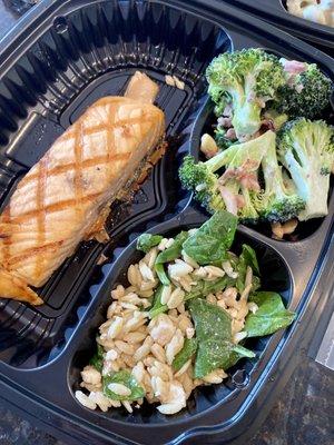 Grilled salmon w/broccoli bacon salad and orzo salad