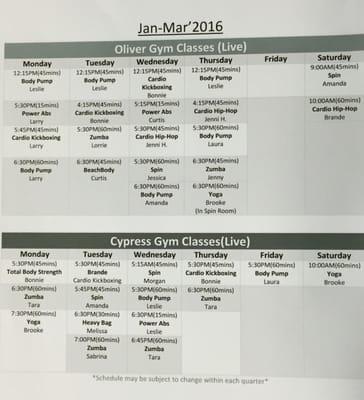 Group exercise schedule Jan-Mar 2016