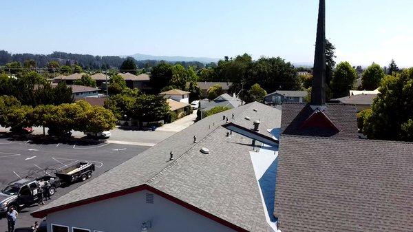 First Church of the Nazarene Shingles manufactured by Certainteed. Color Weathered Wood