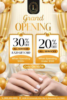 Join us for the Grand Opening of Lux Nails Spa on October 18th! 
Treat yourself to a fabulous day with our amazing deals!