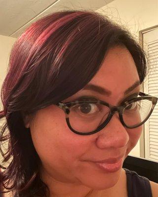 Unfiltered me with my new purple hue! I'm happy with the outcome!