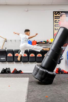 Foundations of Black Belt Program. Student demonstrating flying kick