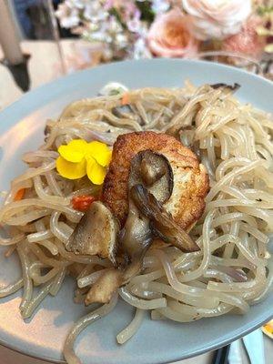 Seared Sea Scallop with Spring Garlic and Maitake Japchae