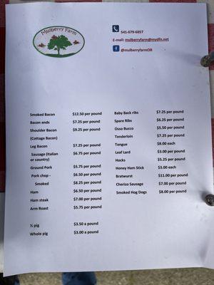 Mulberry Farms-Pork Cut list. 1/2 pig is $3.50 per lb.