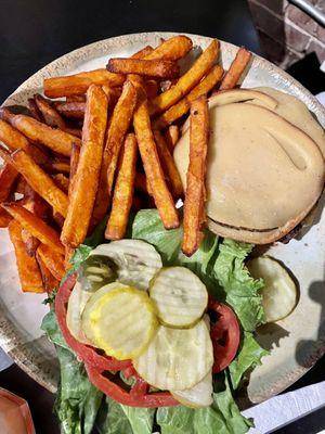 Build-your-own burger with smoked Gouda and sweet potato fry upgrade.