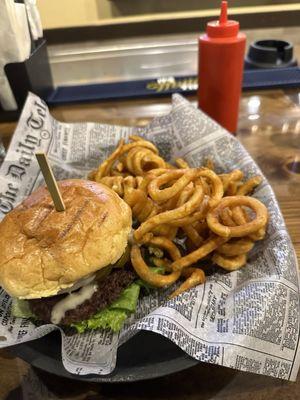 Hawaiian burger and curly fries