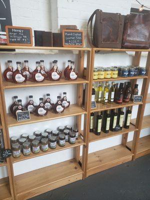 Hand crafted leather bags/wallets, maple syrup, marinades, balsamic vinegars, olive oils, mustards & grilling glazes.