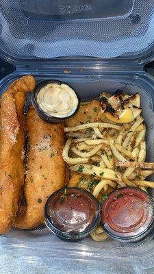 Beer battered lake perch, fries, fried green tomatoes