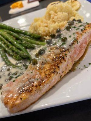 Salmon , capers , butter sauce , asparagus.