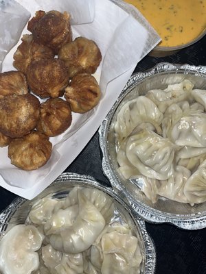 fried pork dumplings, chicken jhol momo