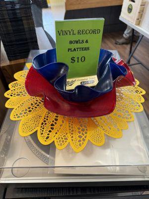 Vinyl record bowls and platters for sale.