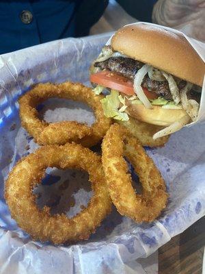 Basic Burger with onion rings... a few rings have been eaten ;)