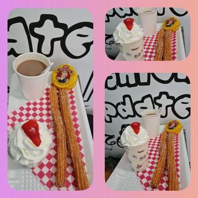 We have churros and mexican hot chocolate and fresh strawberries and cream