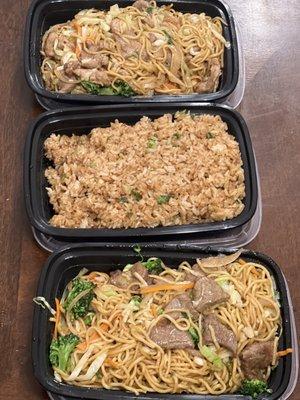 Pork noodles, beef noodles and fried rice in take out containers.