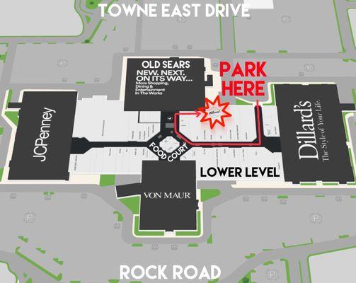 Our office is located inside Towne East Square mall on the lower level behind Visionworks. This map is a guide to parking & directions.