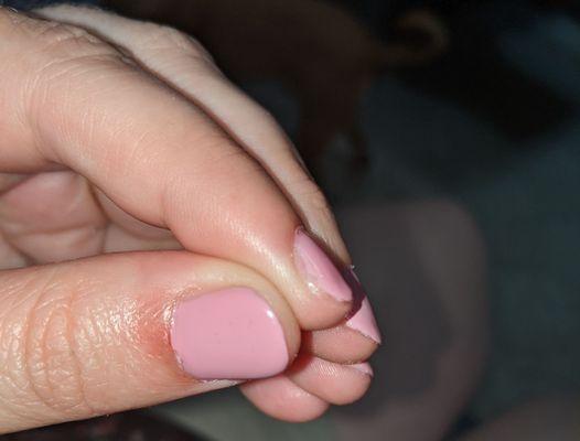 Nail polish doesn't cover side of nail. Cuticle on thumb bled.