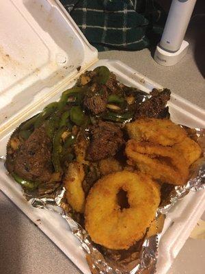 Steak tips stir fry with onion rings