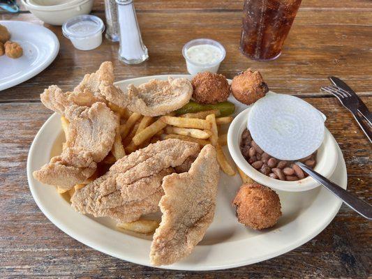 5 piece fried catfish plate. Fries, hushpuppies, pinto beans