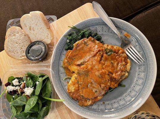 Veal Sorrentino with Spinach Salad and Spinach with Garlic and Olive Oil