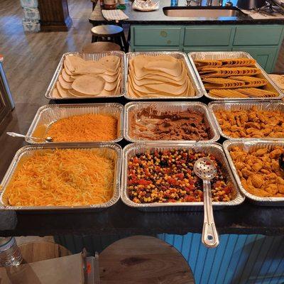 Cheese, refried beans,  black beans with corn and tomatoes and seasoned chicken